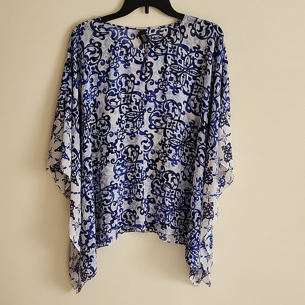 Chicos Black Label Blue White 3/4 Sleeve Poncho Blouse Kimono Womens S/M